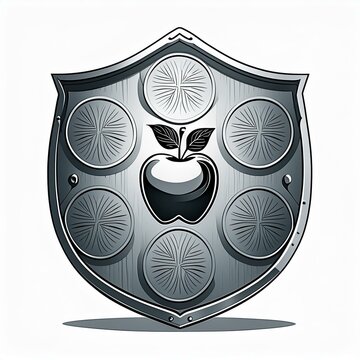 bouclier et blason en m&eacute;tal avec une belle pomme au centre en ia
