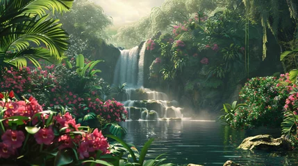 Fotobehang Orchids in jungle by waterfall © Natia