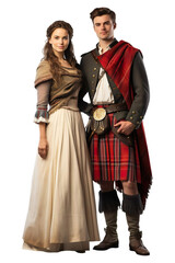 Hyper realistic Couple standing in SCOTLAND culture clothes Isolated on transparent background.
