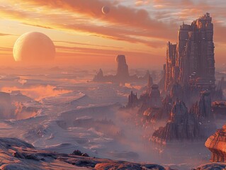 A breathtaking vista overlooking a vast, alien landscape, with towering rock formations, swirling dust storms, and distant moons on the horizon alien frontier The otherworldly beauty of the landscape - obrazy, fototapety, plakaty