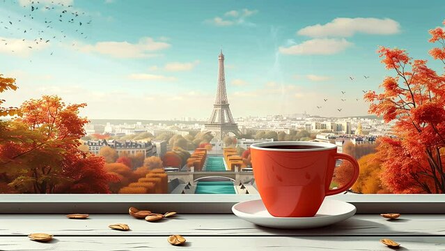 Coffee in the cafe with view street of Paris and the Eiffel tower. seamless looping 4k time-lapse animation video background
