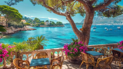 Authentic atmospheric cafe on the shore of the French Riviera under green trees overlooking clear...