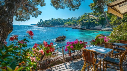 Authentic atmospheric cafe on the shore of the French Riviera under green trees overlooking clear blue water, colorful flowers in the background