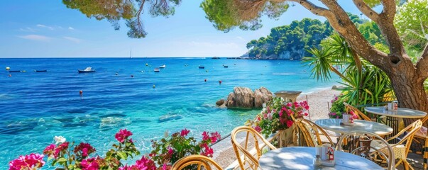 Authentic atmospheric cafe on the shore of the French Riviera under green trees overlooking clear...