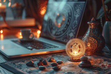 Fototapeta na wymiar A fusion of ancient talismans and modern tech on a desk, glowing runes beside a laptop, under soft, ethereal light