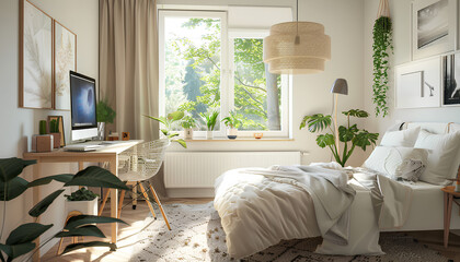 Interior of light bedroom with modern workplace
