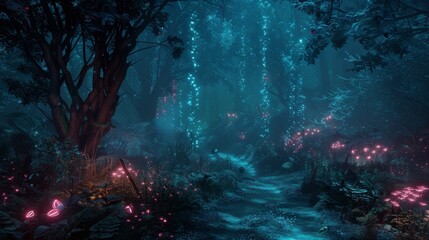 An enchanted forest at night, glowing with bioluminescent plants and digital runes, a haven for mystical creatures