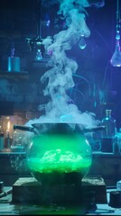 A witchs cauldron bubbles with a glowing potion, surrounded by hightech laboratory equipment, under stark white light