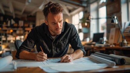 man with brown hair, wearing a black shirt and jeans, sitting at his drawing table sketching architectural drawings in an office space.