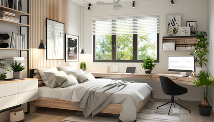 Fototapeta na wymiar Interior of light bedroom with modern workplace