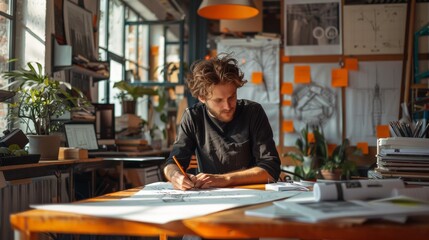 Fototapeta premium man with brown hair, wearing a black shirt and jeans, sitting at his drawing table sketching architectural drawings in an office space.