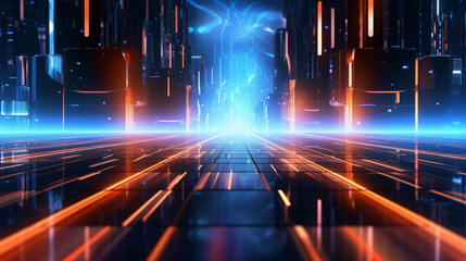 Blue glowing line particles form a background of technological elements