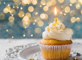 Cupcake with candle. Happy Birthday Greeting Template Design.