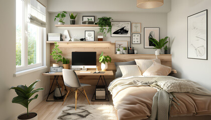 Interior of light bedroom with modern workplace