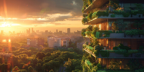 Naklejka premium green building with balconies full of greenery overlooking the city at sunset.ecofriendly building design, urban landscape, green environment