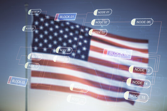 Abstract virtual coding concept on USA flag and sunset sky background. Multiexposure
