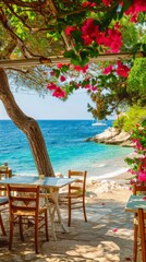 Cozy Mediterranean cafe on the beach under green trees overlooking clear blue water, colorful flowers in the background, sunny day, bright saturated colors