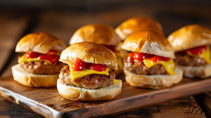 Breakfast sliders featuring mini egg sandwiches with bacon and cheddar cheese on slider buns. - obrazy, fototapety, plakaty