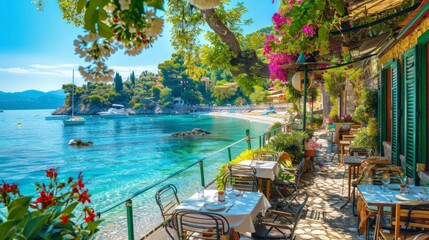 Cozy Mediterranean cafe on the beach under green trees overlooking clear blue water, colorful flowers in the background, sunny day, bright saturated colors - Powered by Adobe