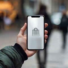Shopping online concept, a hand holding smartphone with a screen showing a shopping bag icon, the increasing popularity of online shopping