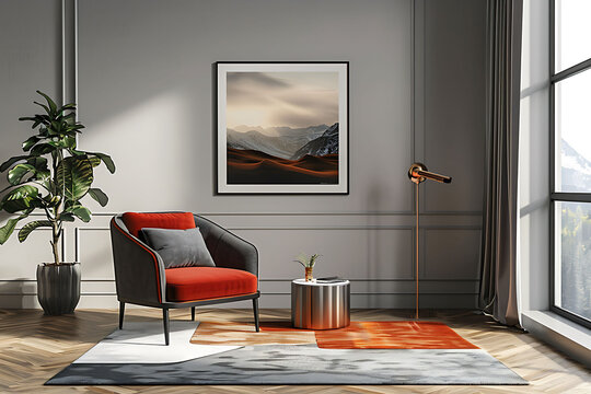 Mockup poster frame above a Club Chair in aliving roomhyperrealistic shot, modern interior scanidavian style