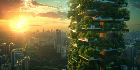 green building with balconies full of greenery overlooking the city at sunset.ecofriendly building design, urban landscape, green environment