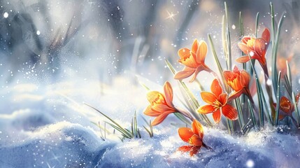Saffron flowers blooming under the snow capture hope and renewal of spring. - obrazy, fototapety, plakaty