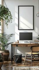Mockup poster frame above a Computer Desk in aliving room, modern interior scanidavian style
