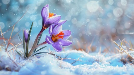 First spring saffron flowers blooming under the snow in the field, focusing on the contrast between...