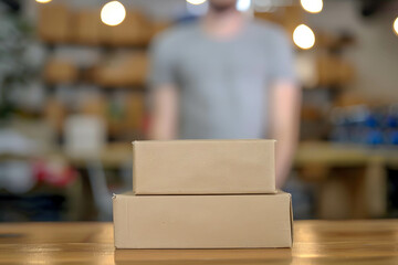 Professional online seller, presenting products in an interesting way, cardboard boxes on table and online seller presenting behind