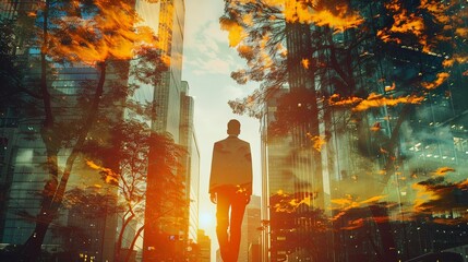 Young man wearing suit walking on street from behind with skyscrapers urban buildings overlayed with double exposure green nature