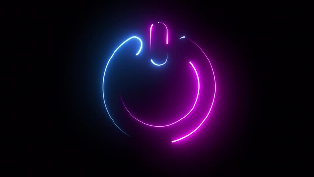 neon power button icon animation. Glowing neon line Power on off button icon isolated on black background
