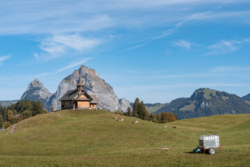 Chapel in Stoos village in Switzerland. Mountain pasture in Swiss Alps