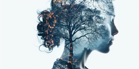 Mental health, psychology, tranquility illustration, double exposure, white background