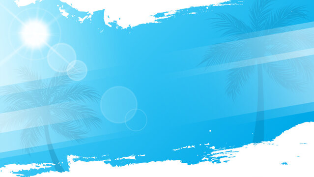 Summertime background with palm trees, summer sun and white brush strokes for creative Summer season graphic design. Blue color. Vector illustration.