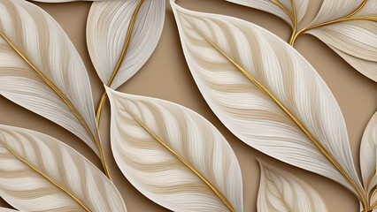 3d render, abstract background, beige leaves with golden lines