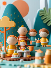 A charming depiction of a family enjoying a picnic in a lovely cartoon design
