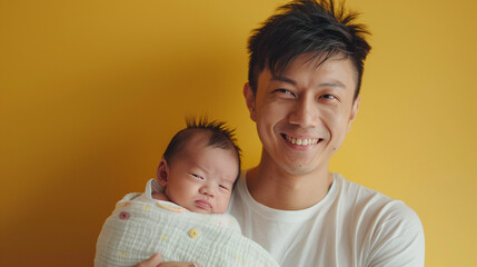 A cheerful Chinese father in a plain white T-shirt holding a newborn baby with care