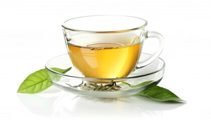 Glass cup of tasty green tea on white background