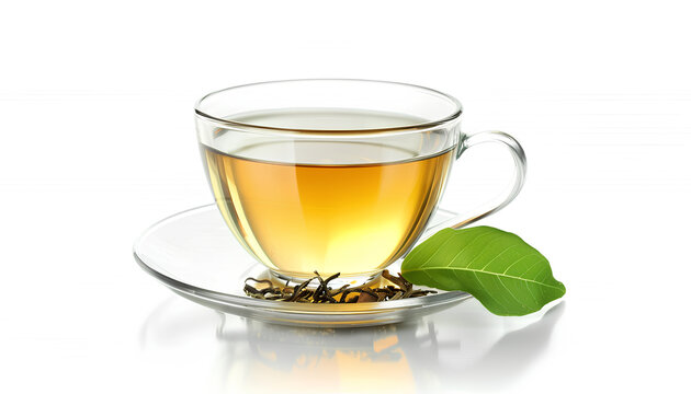 Glass cup of tasty green tea on white background