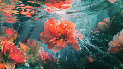 Orange hibiscus flowers floating on and under the surface of water.

 - obrazy, fototapety, plakaty