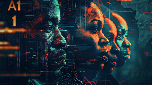 A cinematic poster for an AI conglomerate featuring "AI" and software development as central characters