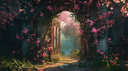 The Enchanting Portal in Bloom: A Surreal Journey Throughout - obrazy, fototapety, plakaty