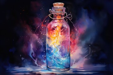 An abstract watercolor of lightning in a bottle, with vibrant electric bolts captured against a dark stormy sky - obrazy, fototapety, plakaty