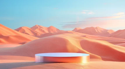  Podium for product demonstration, mesmerizing beautiful desert landscape in the background, saturated colors, bright picture © shooreeq
