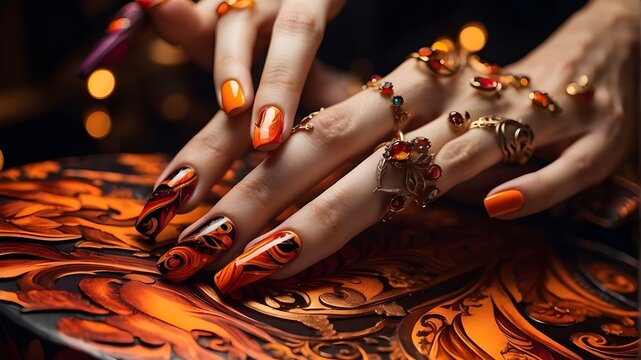 fiercely passionate close-up nail art with red and orange tones, flame patterns, and a vibrant, dynamic mood. Hand of a glamorous woman wearing nail paint on her fingers. designs and artwork on nails