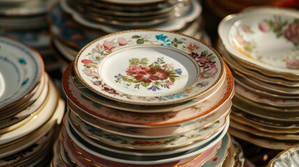 Sustainable lifestyle ethos promoted by vintage dishes and old plates available at flea markets and thrift stores.
