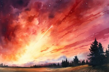 Fototapeta na wymiar A dramatic watercolor sky scene featuring a comet streaking past with a tail of vibrant oranges and reds