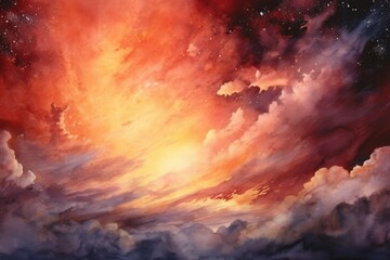 A dramatic watercolor sky scene featuring a comet streaking past with a tail of vibrant oranges and reds - obrazy, fototapety, plakaty