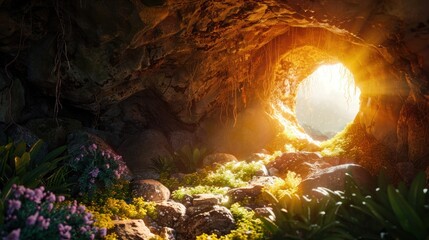Enchanted forest cave with vibrant flowers and lush greenery illuminated by sunlight. Fantasy landscape for storytelling. - obrazy, fototapety, plakaty